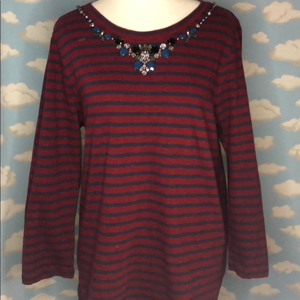 J. Crew 3/4‎ sleeve top with jewels at neckline Red/blue stripes Sz Large